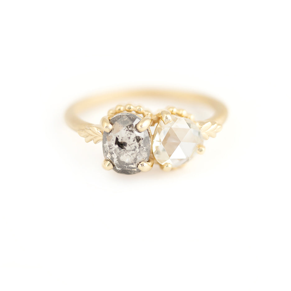 Salt and Pepper Diamond Engagement Ring in Yellow Gold with Botanical Detailing Front View