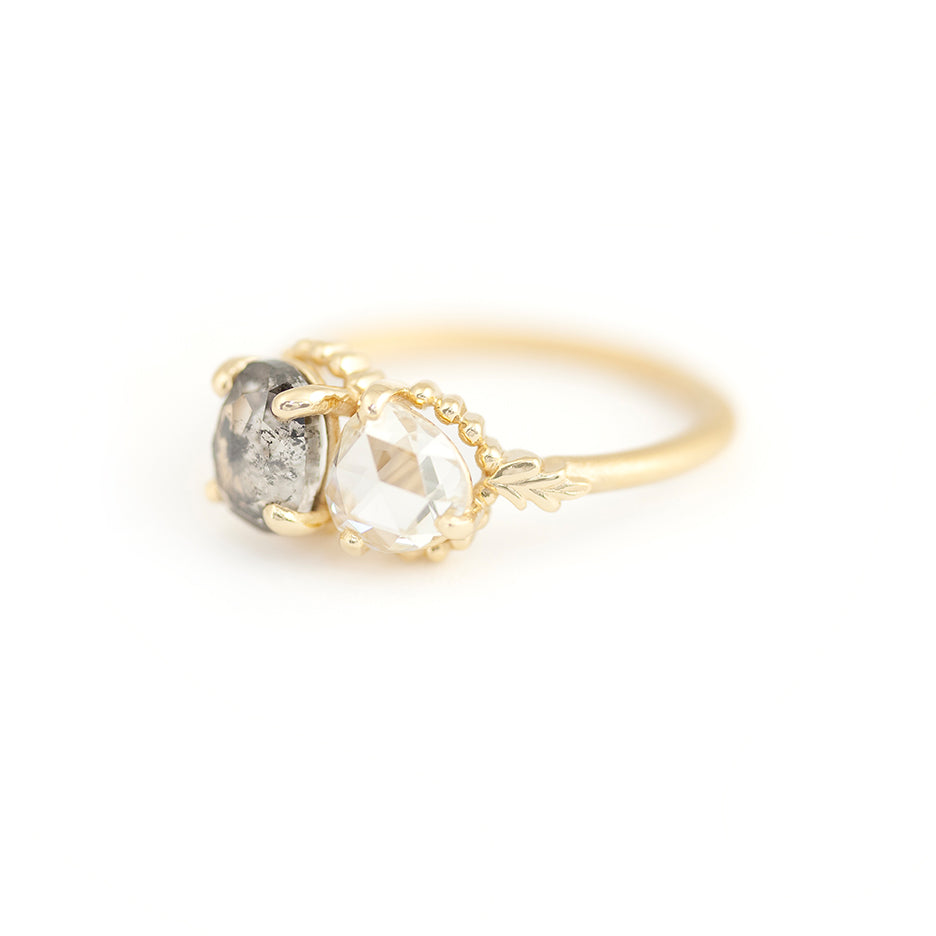 Salt and Pepper Diamond Engagement Ring in Yellow Gold with Botanical Detailing Front View