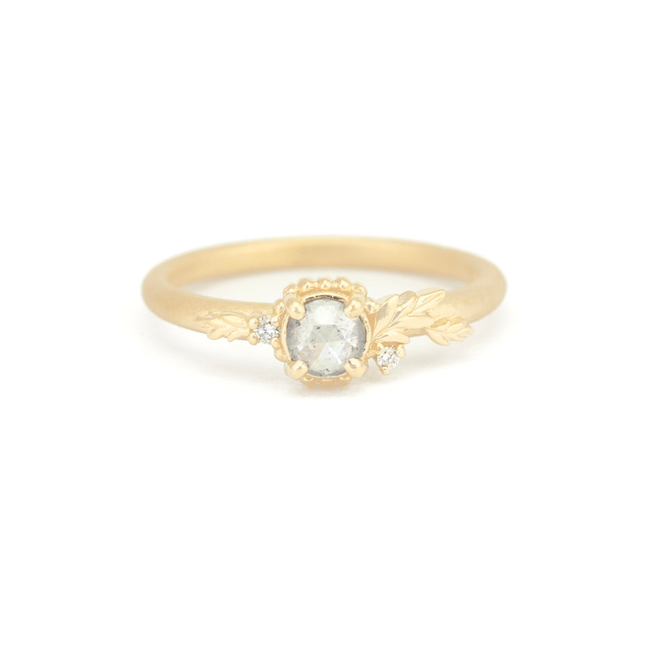Salt and Pepper Diamond Engagement Ring with Botanical Yellow Gold Detailing Front View