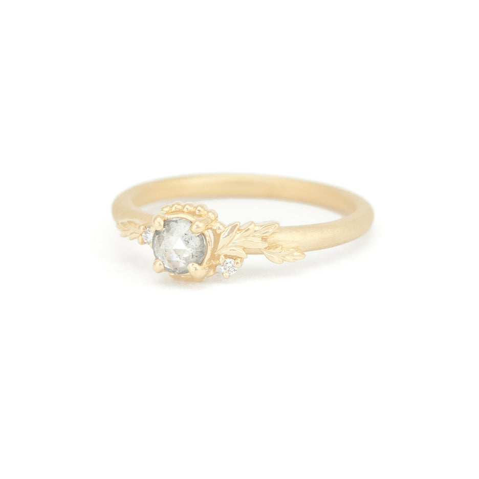 Salt and Pepper Diamond Engagement Ring with Botanical Yellow Gold Detailing Front View