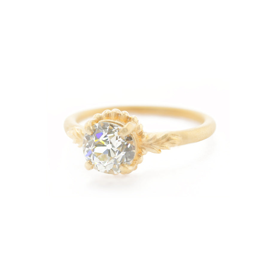 Handmade classic engagement ring with 1.31ct Old European Cut diamond with beading and floral details in 18K yellow gold by Designer Megan Thorne