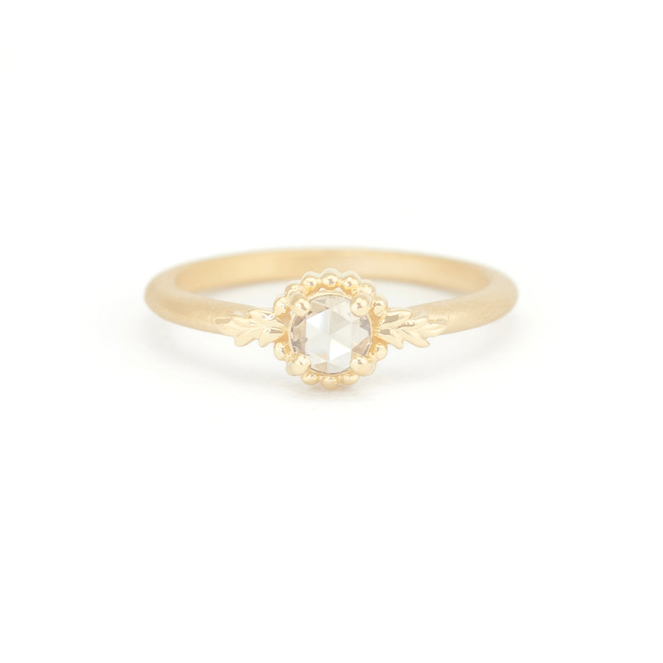 Rose Cut Diamond Engagement Ring with Botanical Yellow Gold Detailing Three Quarter View