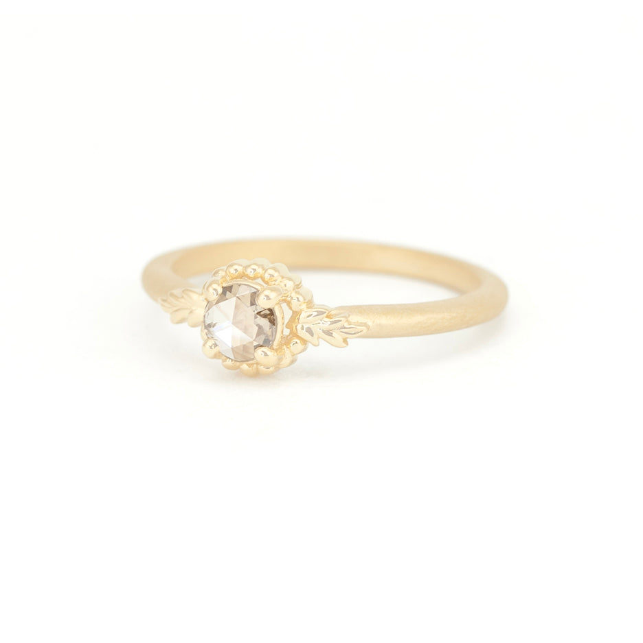 Rose Cut Diamond Engagement Ring with Botanical Yellow Gold Detailing Three Quarter View