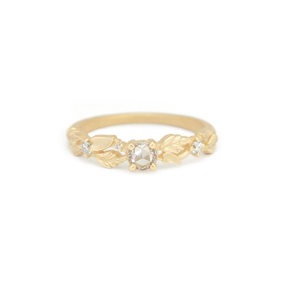 Rose Cut Brown Diamond Band in Yellow Gold with Botanical Detailing Front View