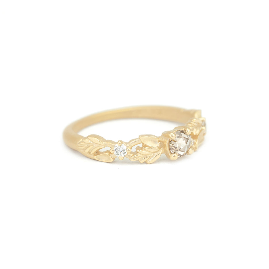 Rose Cut Brown Diamond Band in Yellow Gold with Botanical Detailing Front View