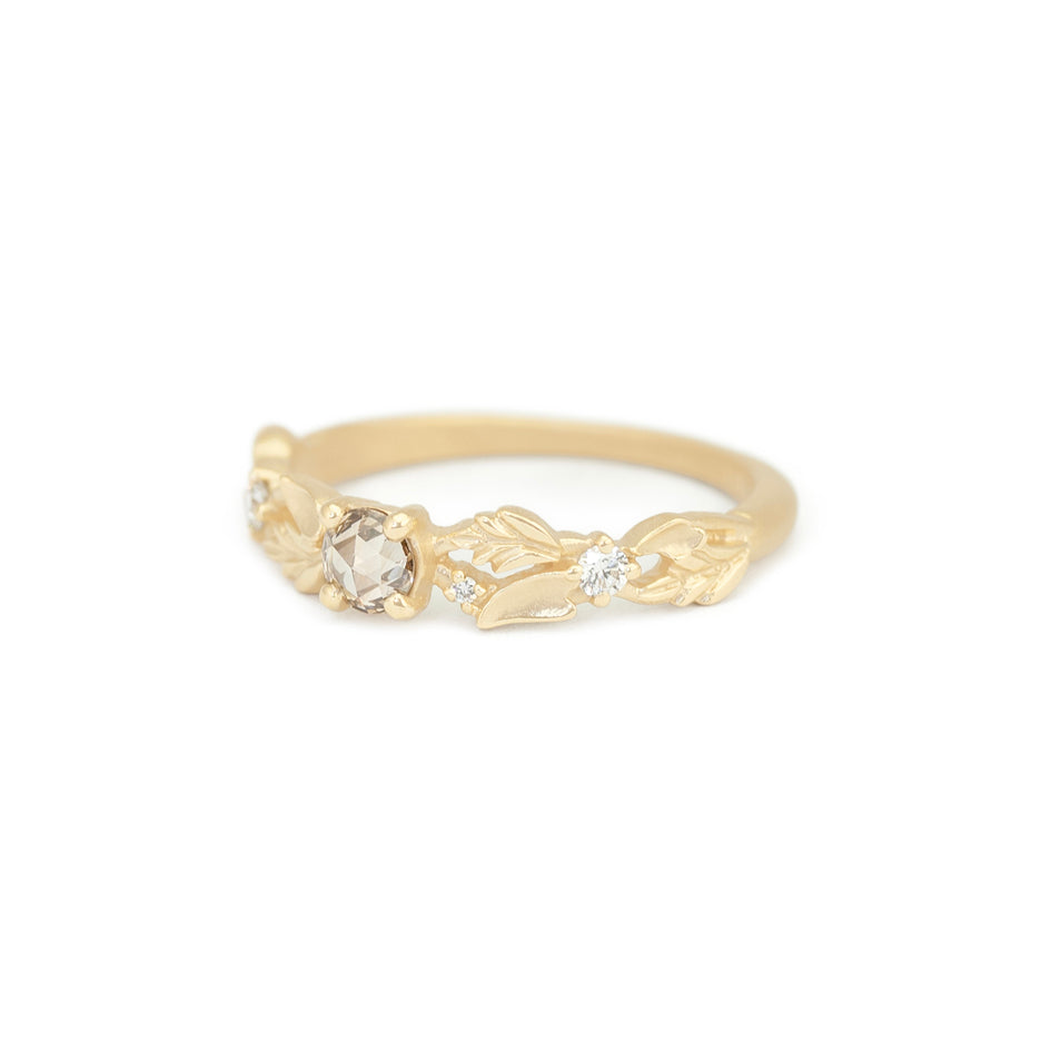 Rose Cut Brown Diamond Band in Yellow Gold with Botanical Detailing Front View