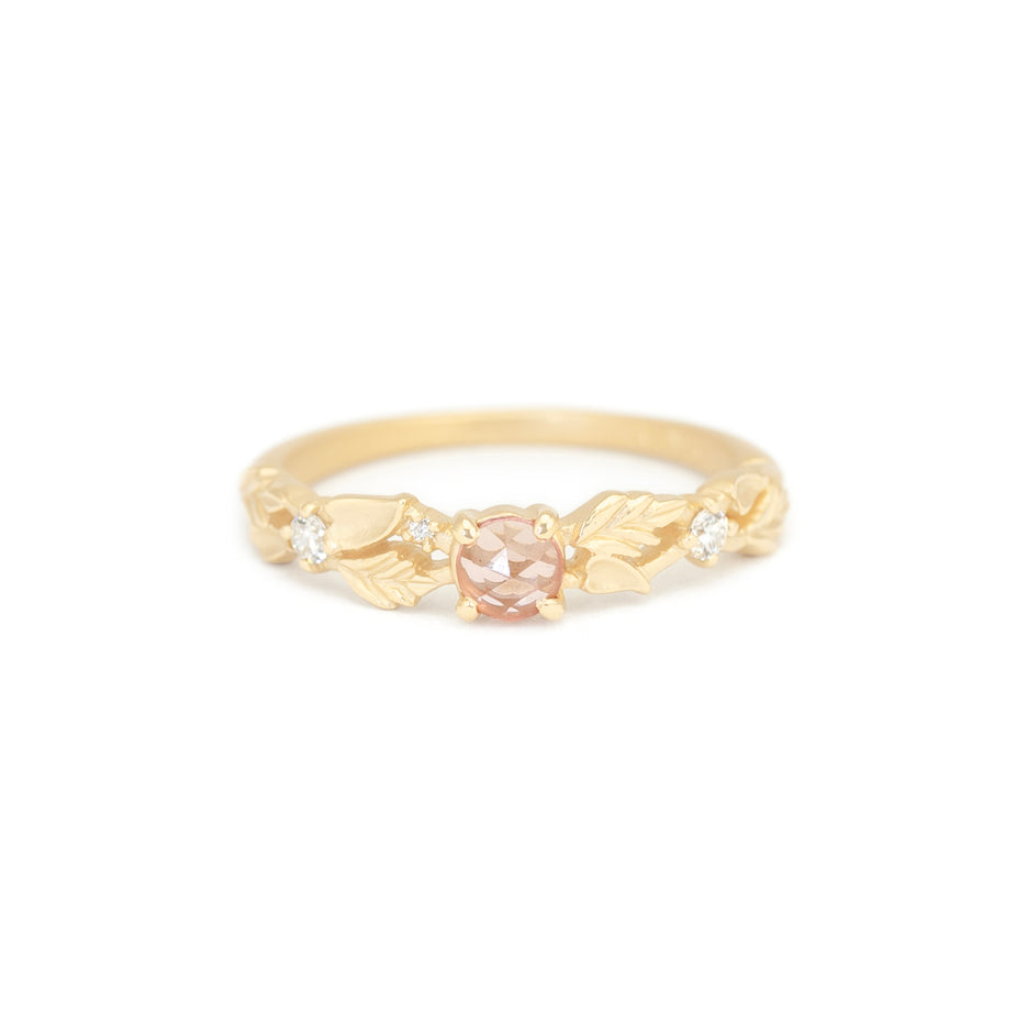 Pink Sapphire Band in Yellow Gold with Botanical Detailing Front View