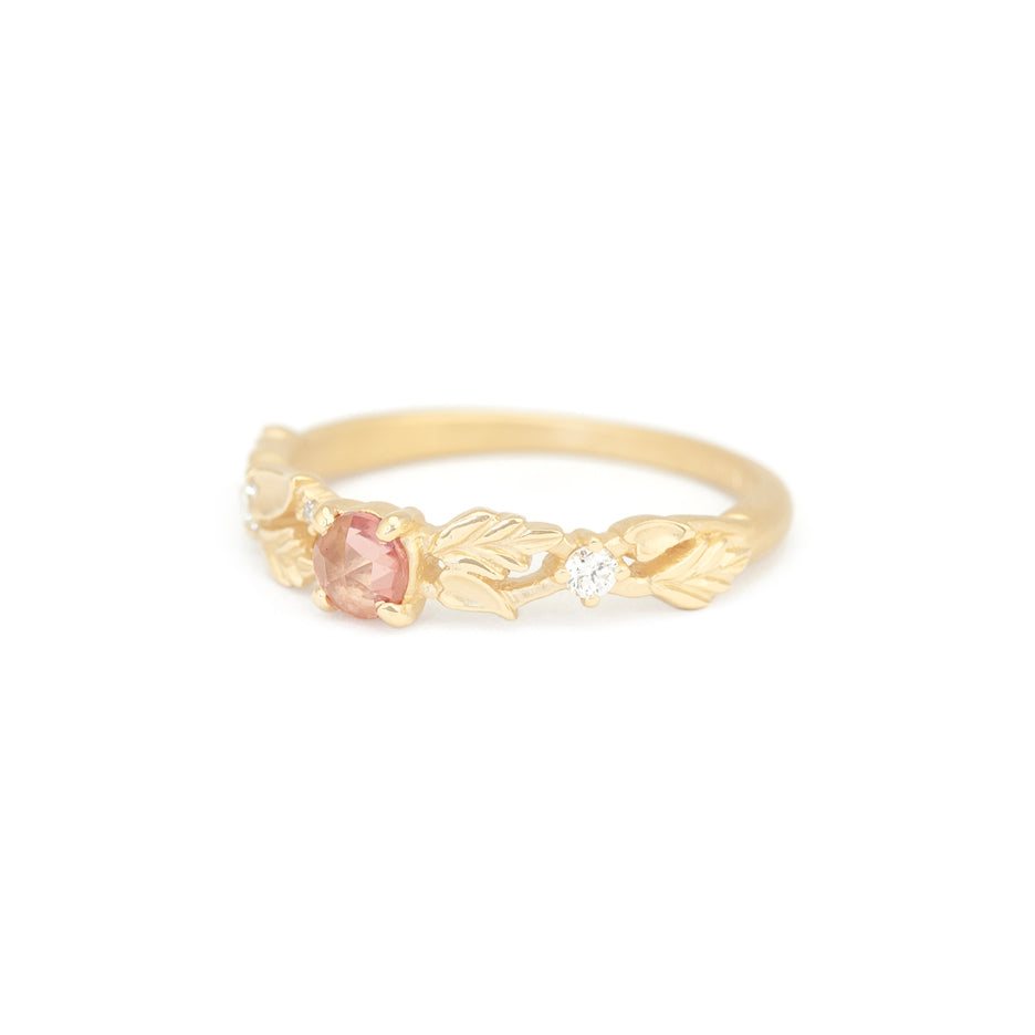 Pink Sapphire Band in Yellow Gold with Botanical Detailing Side View