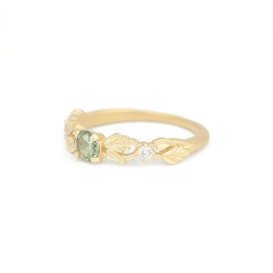 Rose Cut Colored Sapphire Band in Yellow Gold with Botanical Detailing Side View