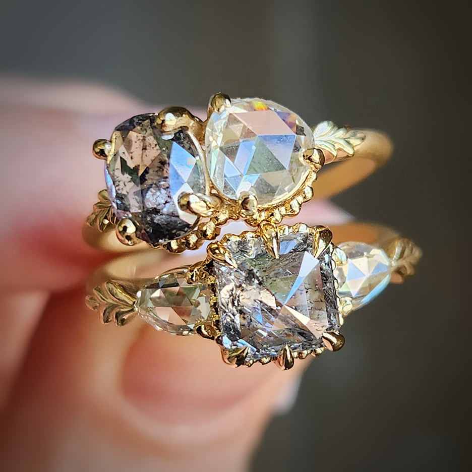 Wood Nymph Duet Ring LC8236 Antique Rose Cut and Oval Salt and Pepper Diamond