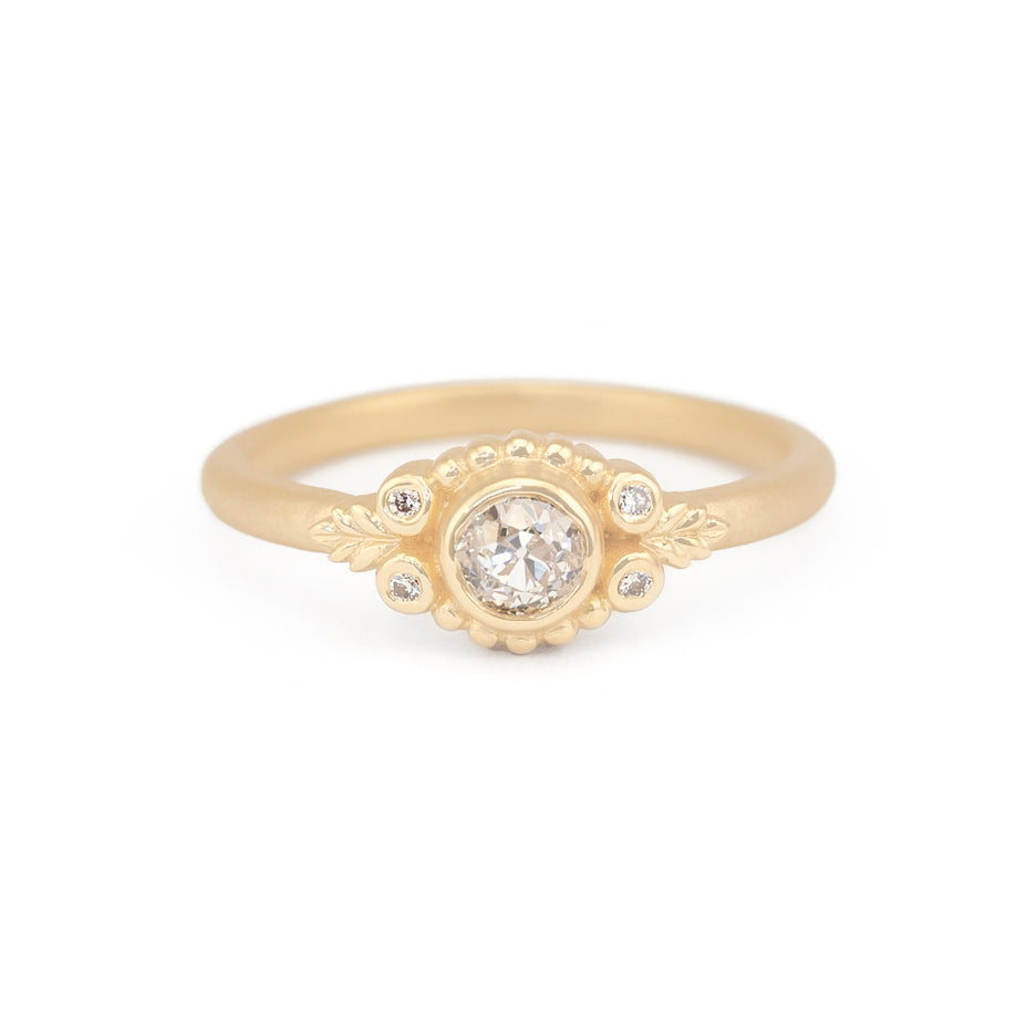 Antique Diamond Ring in Yellow Gold with Botanical Detailing Front View