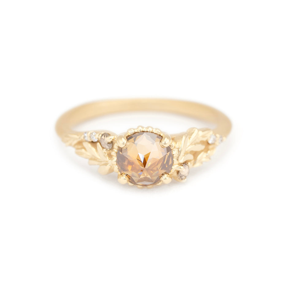 Colored Diamond Engagement Ring in Yellow Gold with Botanical Detailing Front View