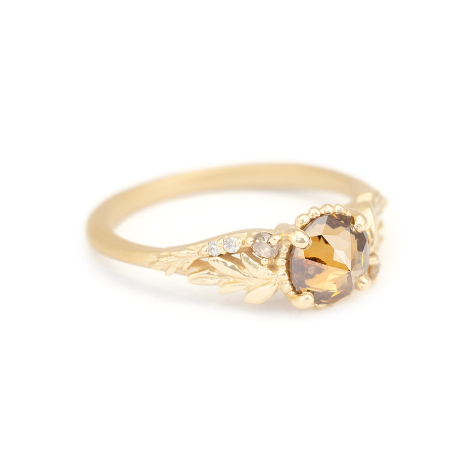 Colored Diamond Engagement Ring in Yellow Gold with Botanical Detailing Front View