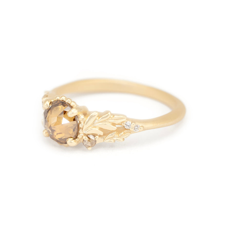 Colored Diamond Engagement Ring in Yellow Gold with Botanical Detailing Side View