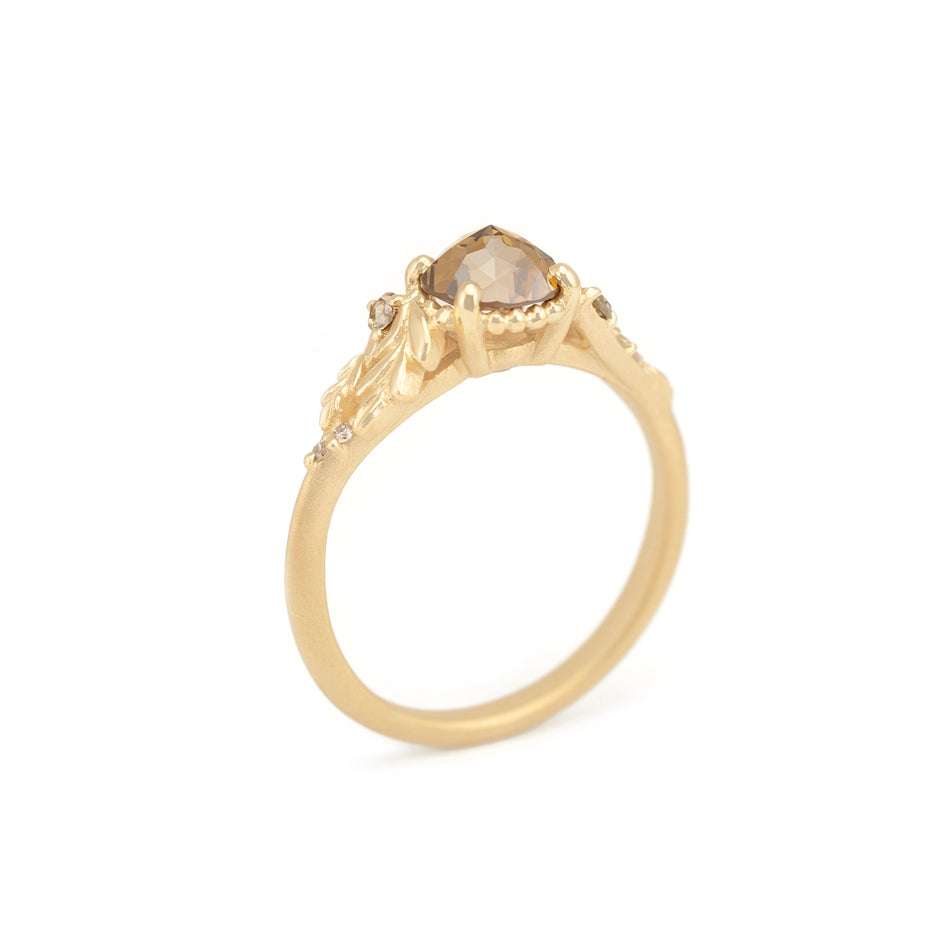 Colored Diamond Engagement Ring in Yellow Gold with Botanical Detailing Through Finger View