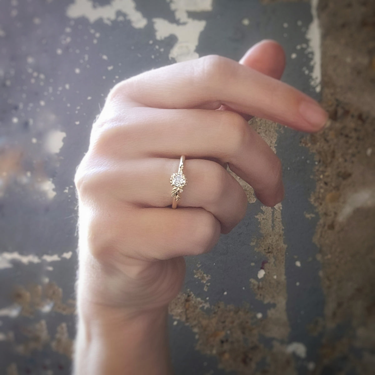 Handmade Leafy Wood Nymph Cherie Engagement 18K Yellow Gold Ring Featuring Old Mine Cut Diamond With Accent Diamonds on Hand Designed by Megan Thorne