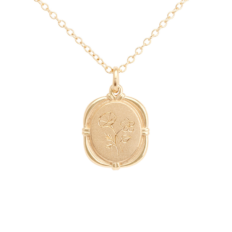 Birth Flower Necklace in Yellow Gold with Hand Engraving Front View