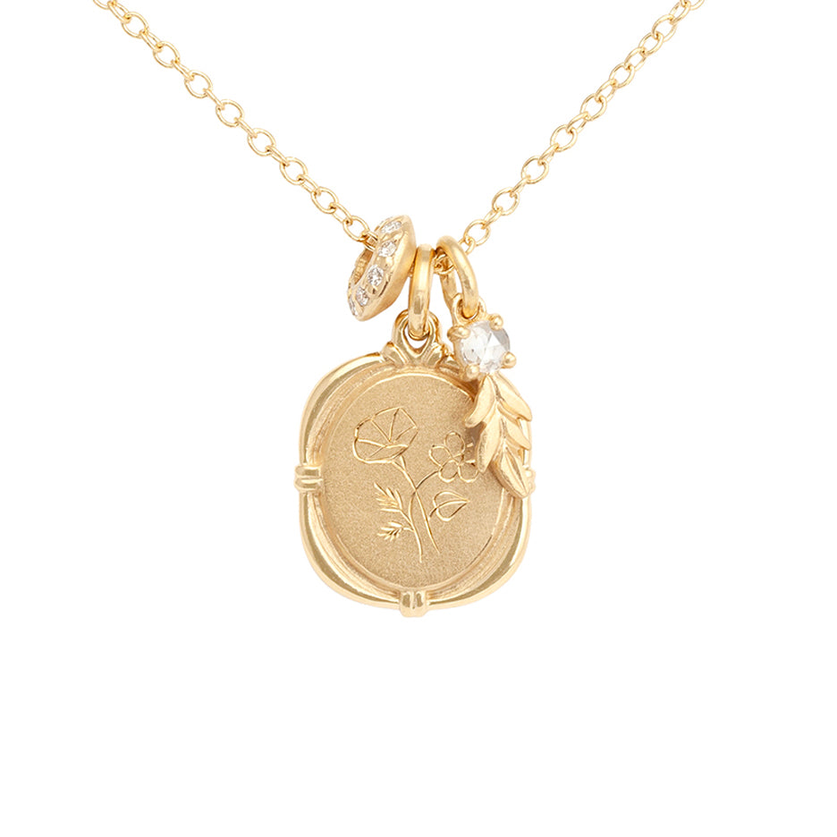 Birth Flower Necklace with Charm Cluster in Yellow Gold Front View