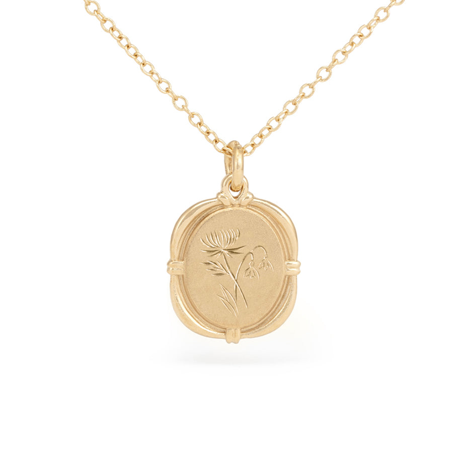 Birth Flower Necklace in Yellow Gold with Hand Engraving Front View