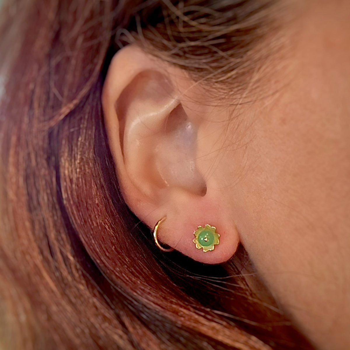Floral Earrings in Yellow Gold with Botanical Detailing - chrysoprase beads on ear