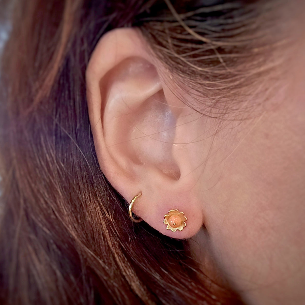 Floral Earrings in Yellow Gold with Botanical Detailing - coral beads on ear