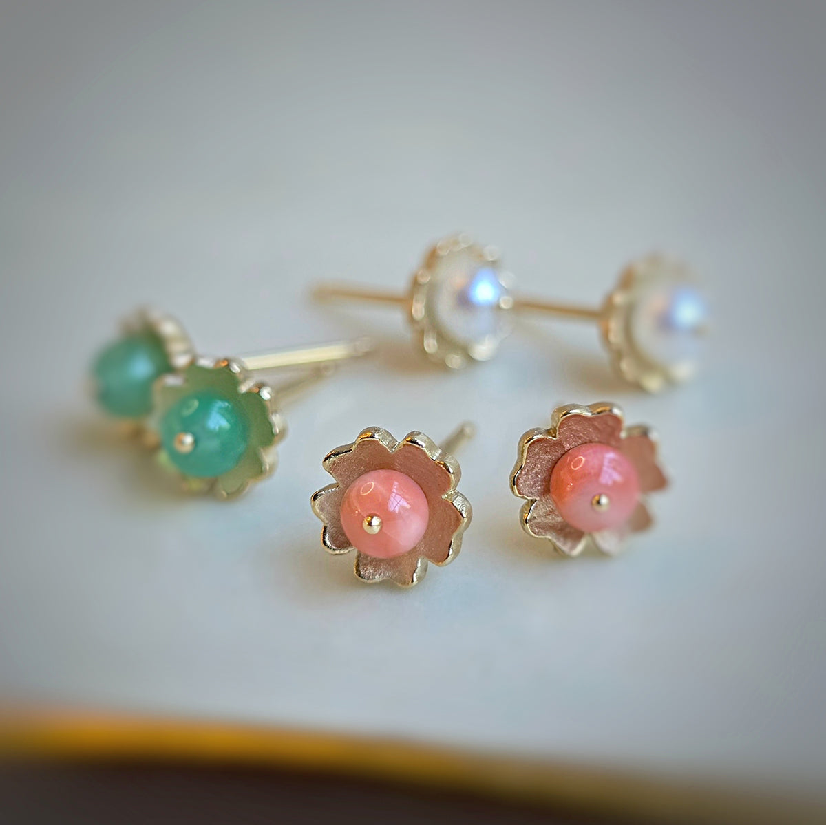 Floral Earrings in Yellow Gold with Botanical Detailing - coral, chrysoprase, and pearl beads