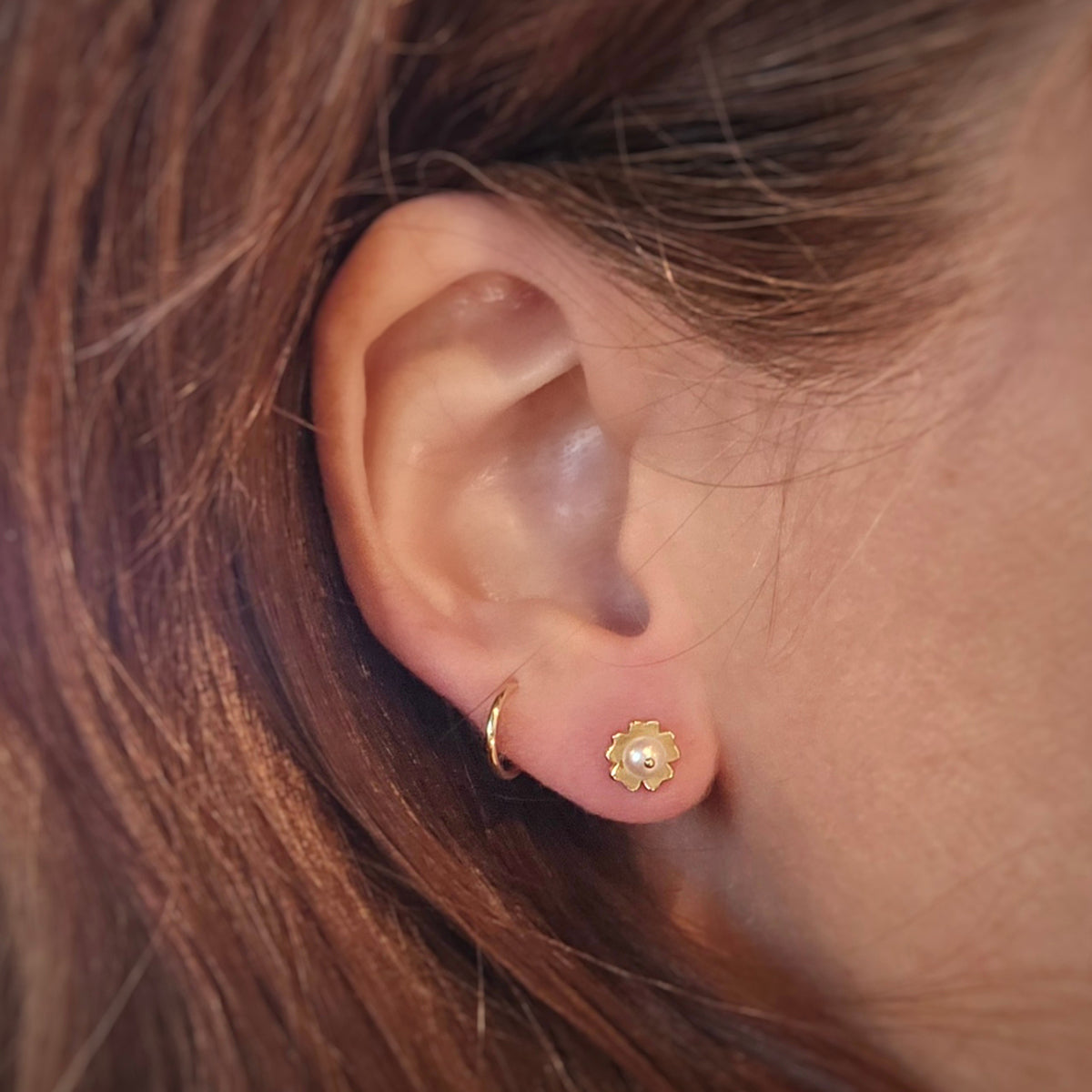 Floral Earrings in Yellow Gold with Botanical Detailing - pearl beads on ear