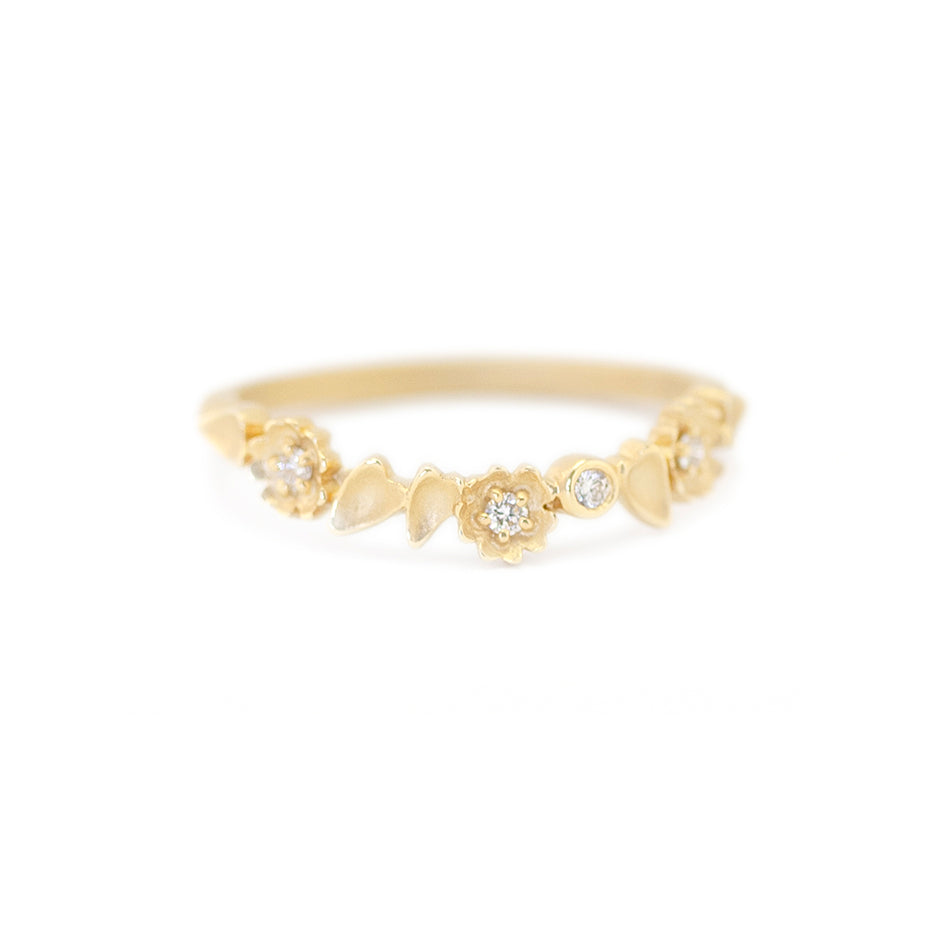 Diamond Wedding Band in Yellow Gold with Botanical Detailing Front View