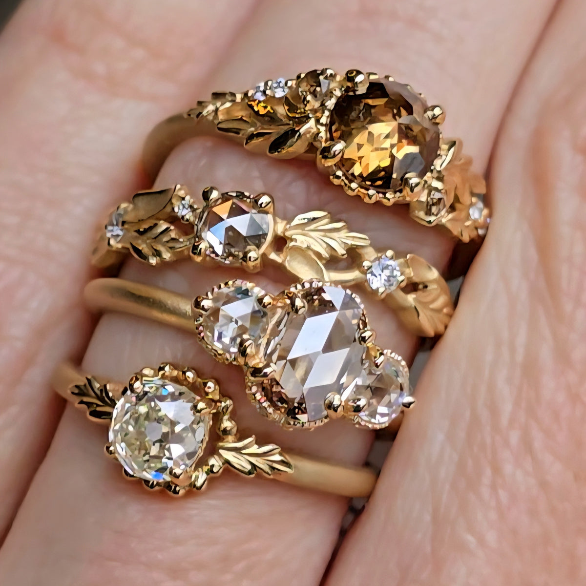 Ribbon Crown 3-Stone Ring (LC7888) - .58ct Brown Diamond and Rose Cut Diamonds