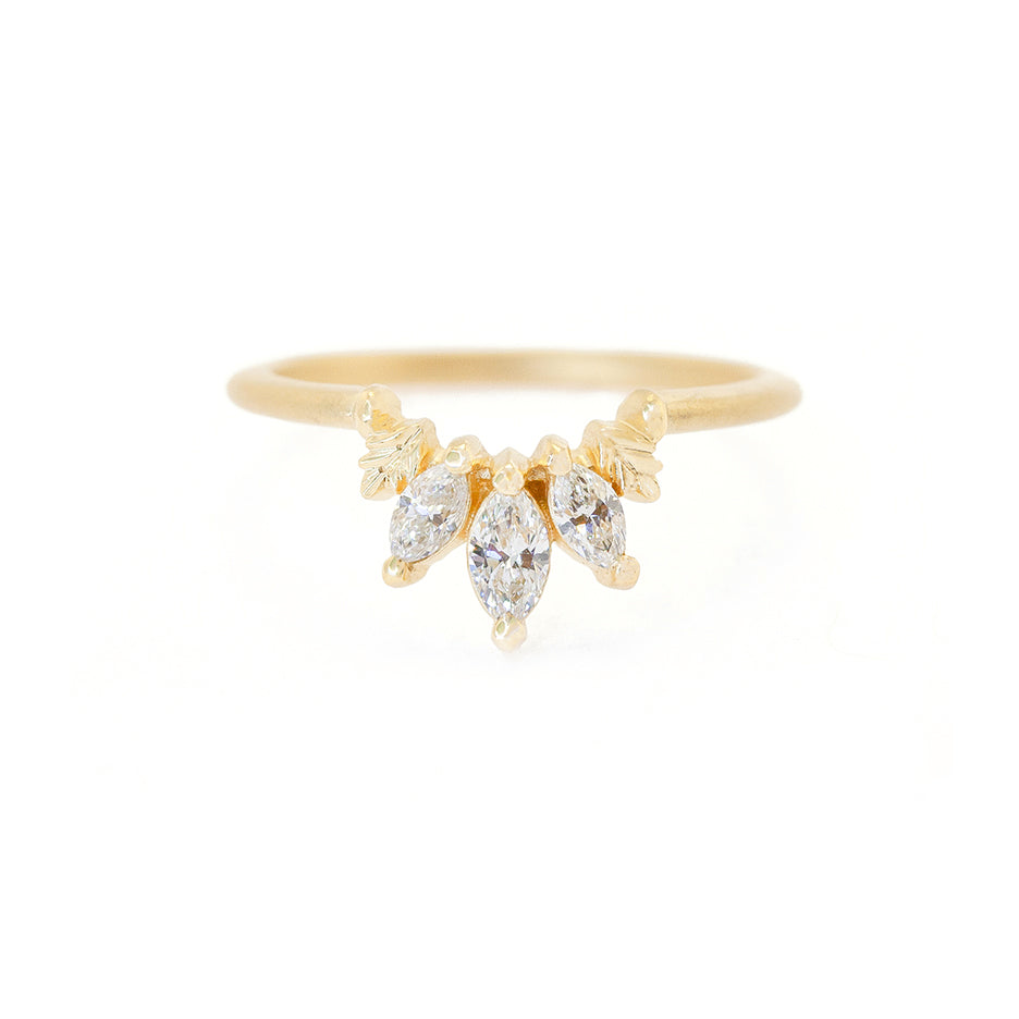 Handmade 3 stone wedding band or stacking ring to guard engagement ring with marquise diamonds botanical Wood Nymph details in 18K yellow gold by Designer Megan Thorne