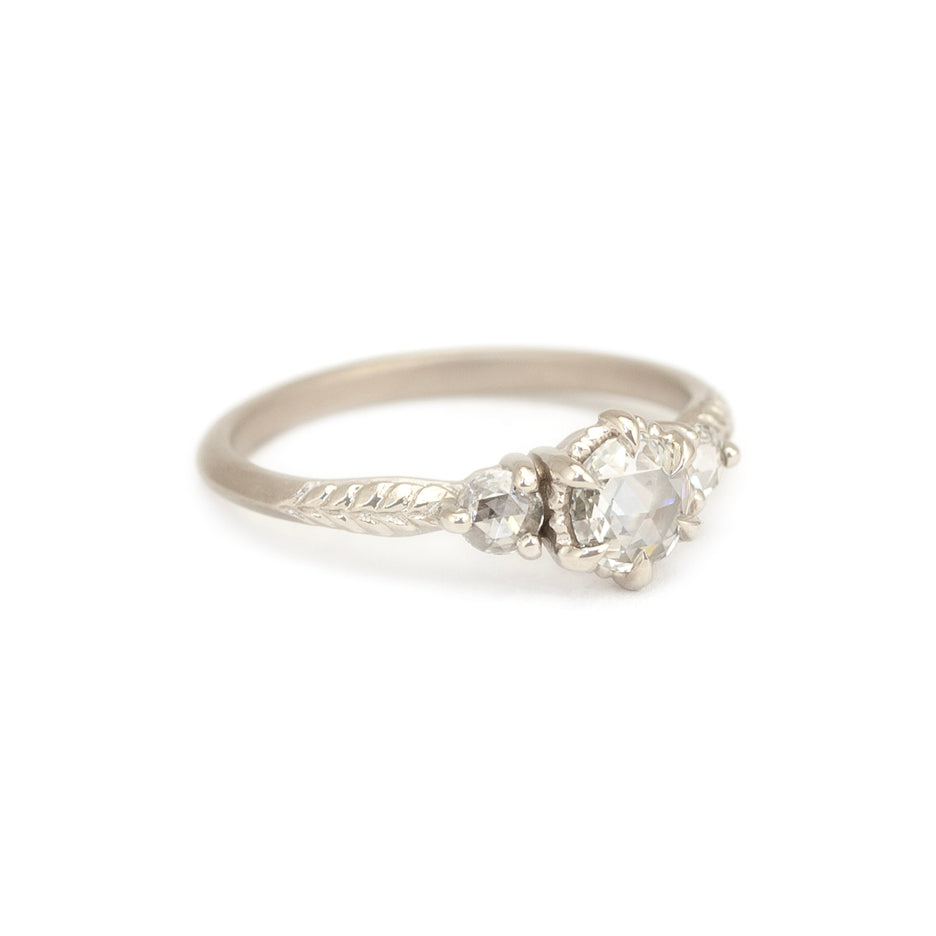 Rose Cut Diamond Engagement Ring in White Gold with Detailing Side View