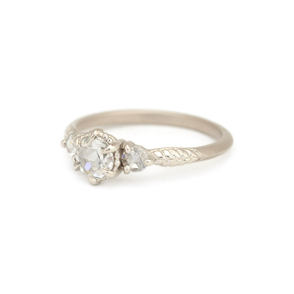 Rose Cut Diamond Engagement Ring in White Gold with Detailing Side View