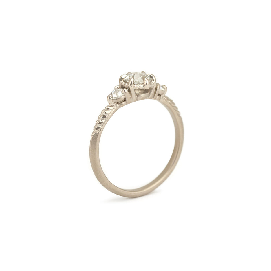 Rose Cut Diamond Engagement Ring in White Gold with Detailing Through Finger View