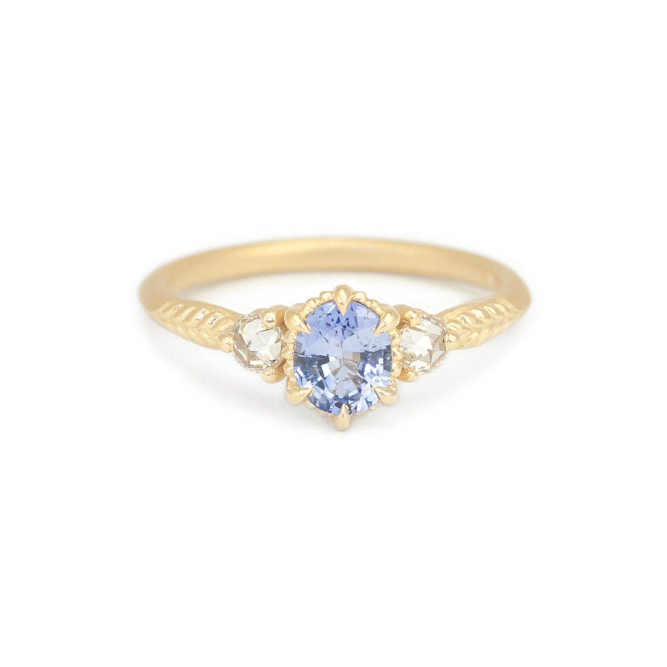 Blue Sapphire Engagement Ring in Yellow Gold with Detailing Front View