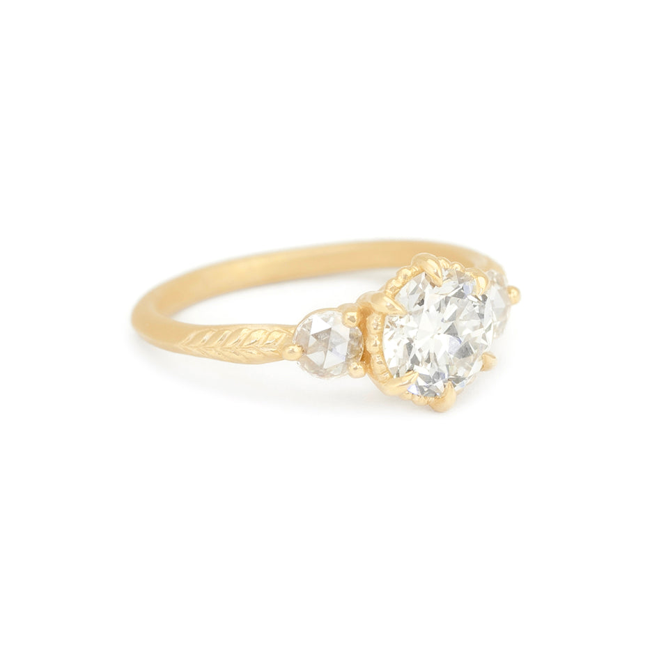 Diamond Engagement Ring in Yellow Gold with Botanical Detailing Side View