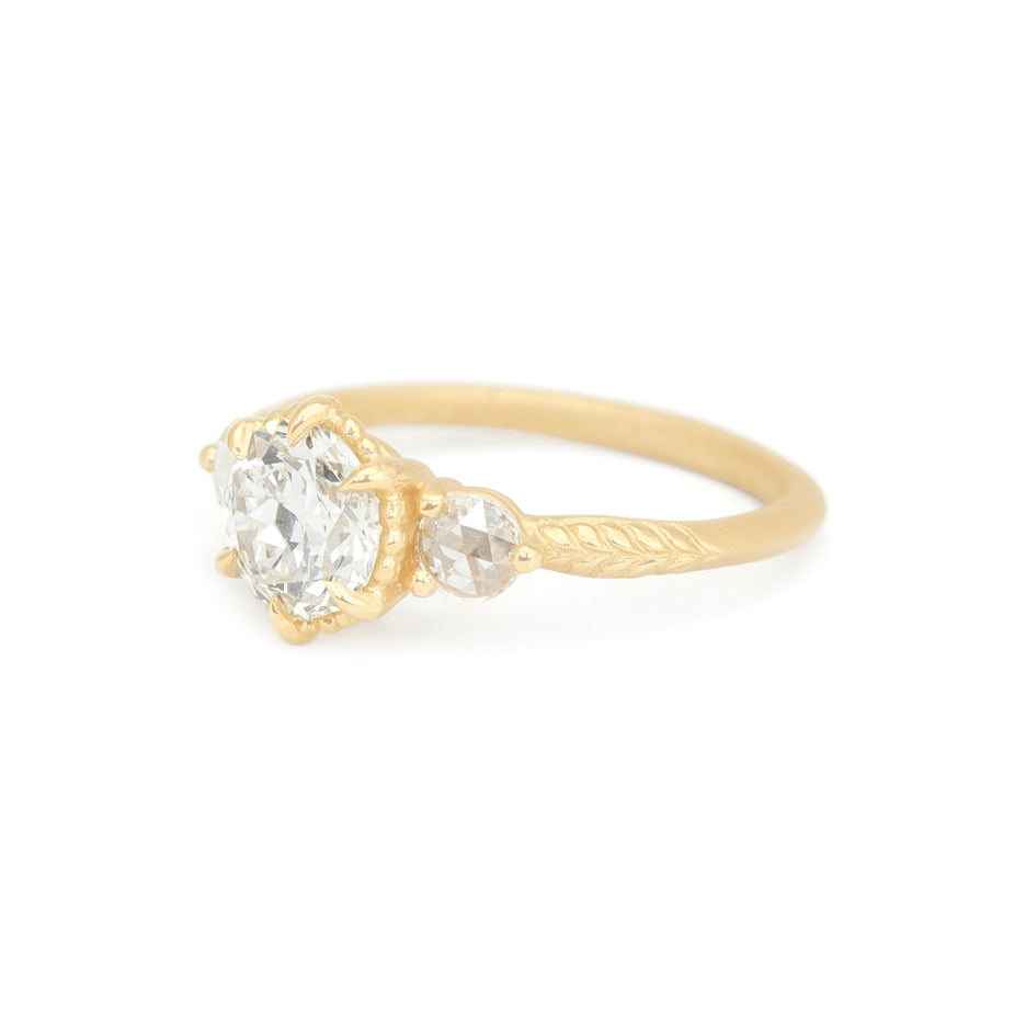 Diamond Engagement Ring in Yellow Gold with Botanical Detailing Side View