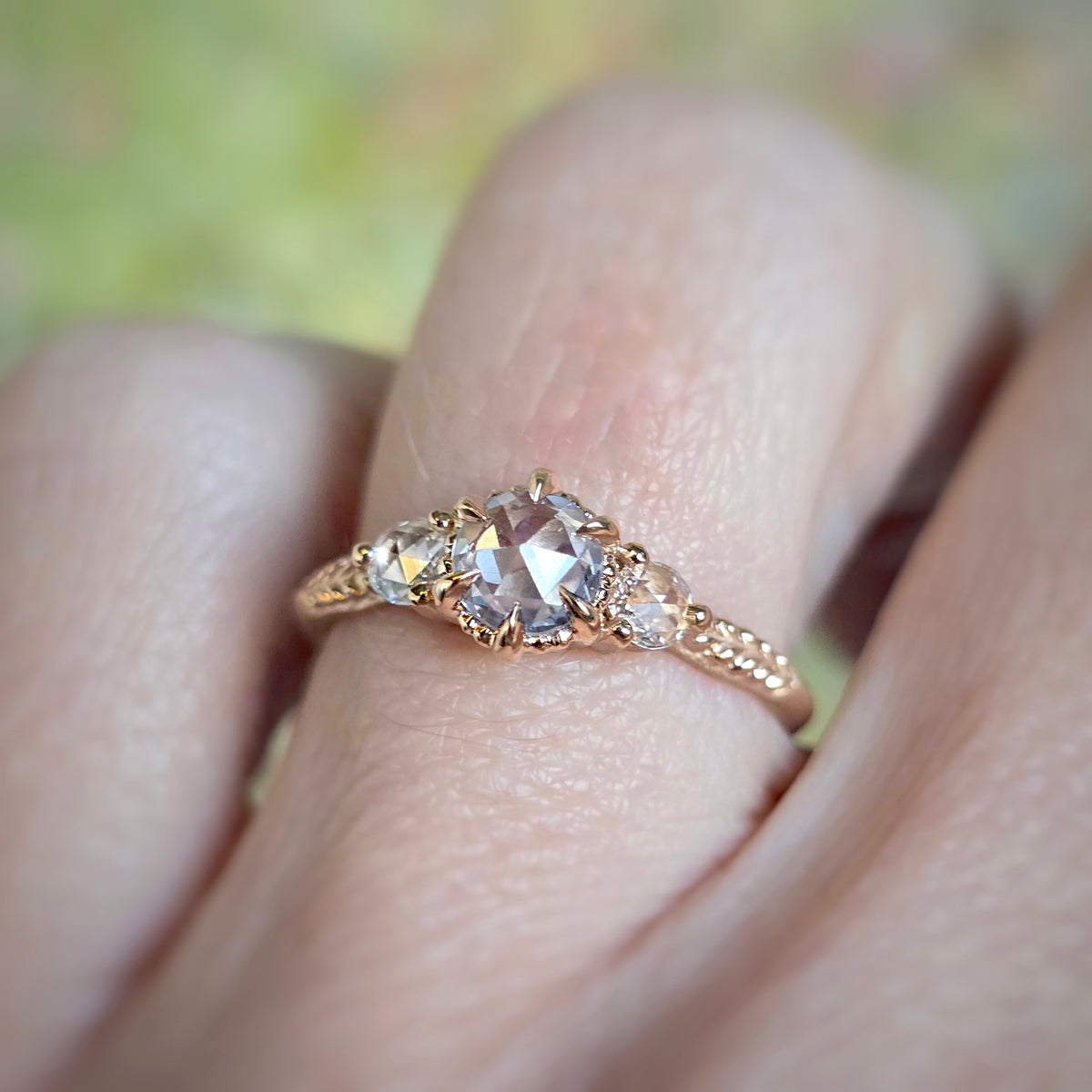 Evergreen 3-Stone Ring - Rose Gold Clear Blue Sapphire