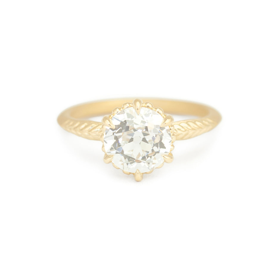 Lab Grown Diamond Ring in Yellow Gold with Botanical Detailing Front View