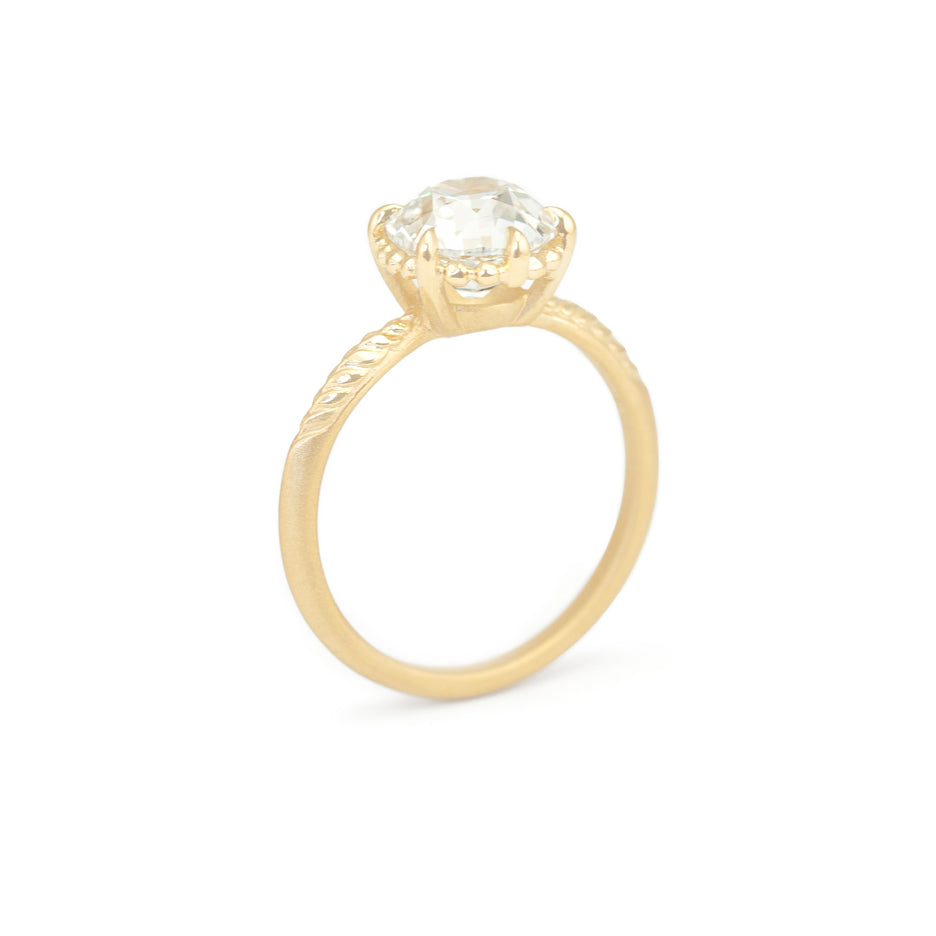 Lab Grown Diamond Ring in Yellow Gold with Botanical Detailing Through Finger View