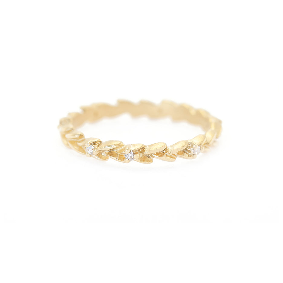 Handmade floral botanical inspired wedding or stacking band with diamonds hand carved in 18K yellow gold by Designer Megan Thorne