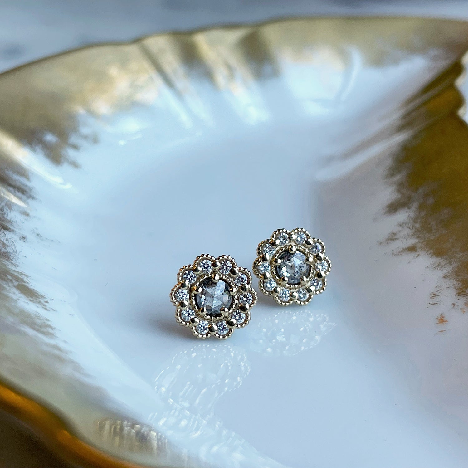 Rose Cut Salt and Pepper Diamond Earrings in Yellow Gold with Detailing Front View