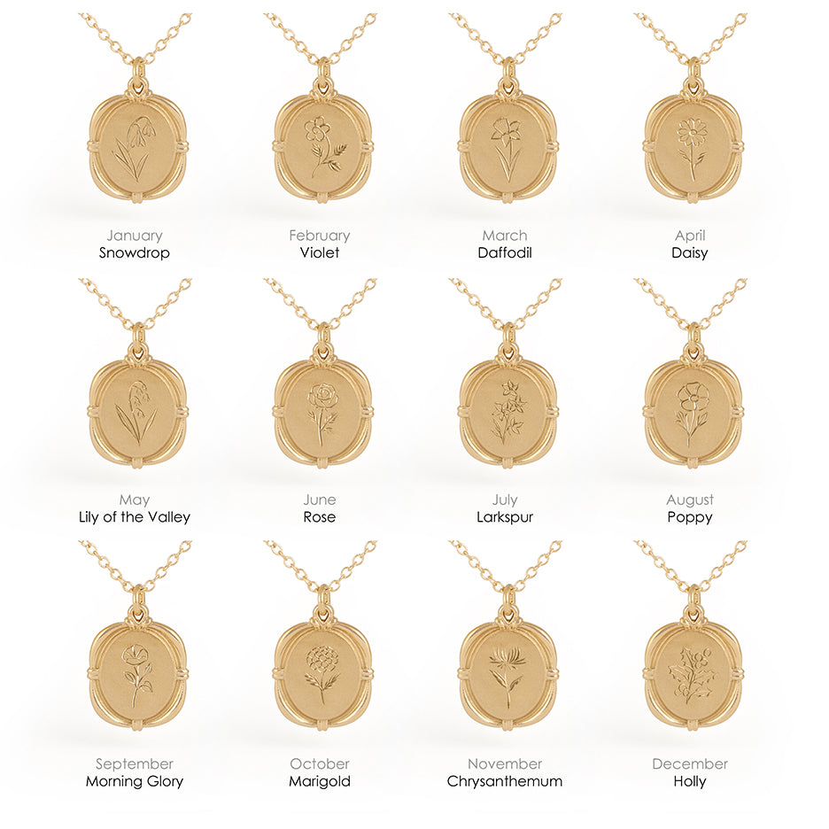 Hand Engraved Birth Flower Necklace in Yellow Gold