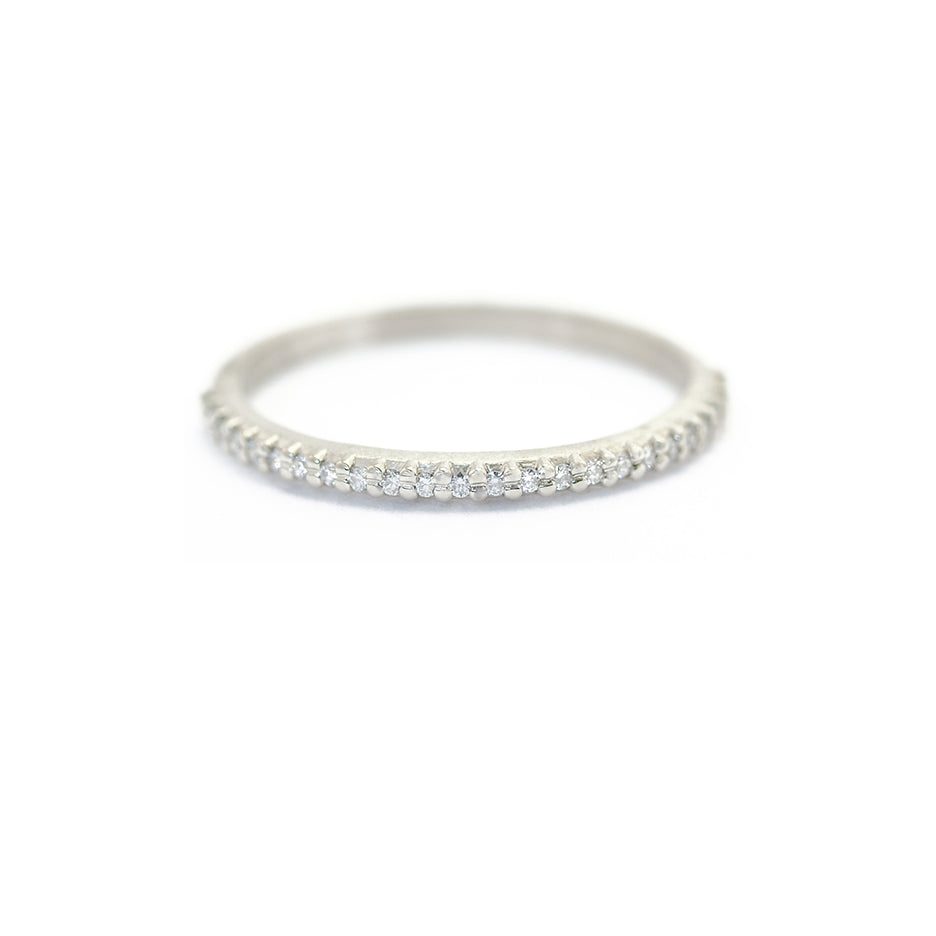 Handmade pave wedding or stacking band with diamonds and beading in 18K white gold thin version by Designer Megan Thorne