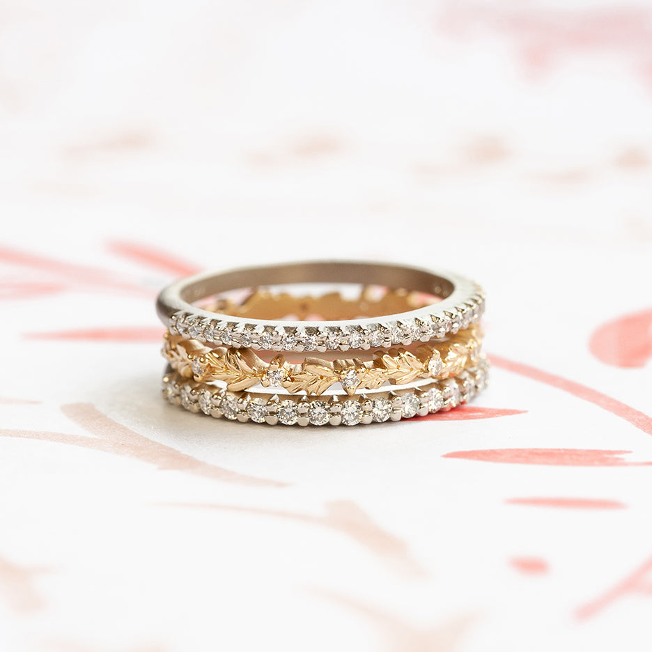 Handmade pave wedding or stacking band with diamonds and beading in 18K white gold thin version by Designer Megan Thorne