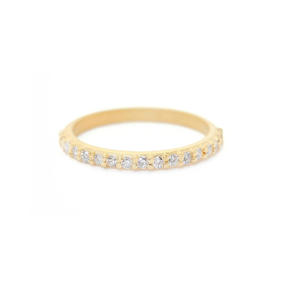 Handmade pave wedding or stacking band with diamonds and beading in 18K yellow gold by Designer Megan Thorne
