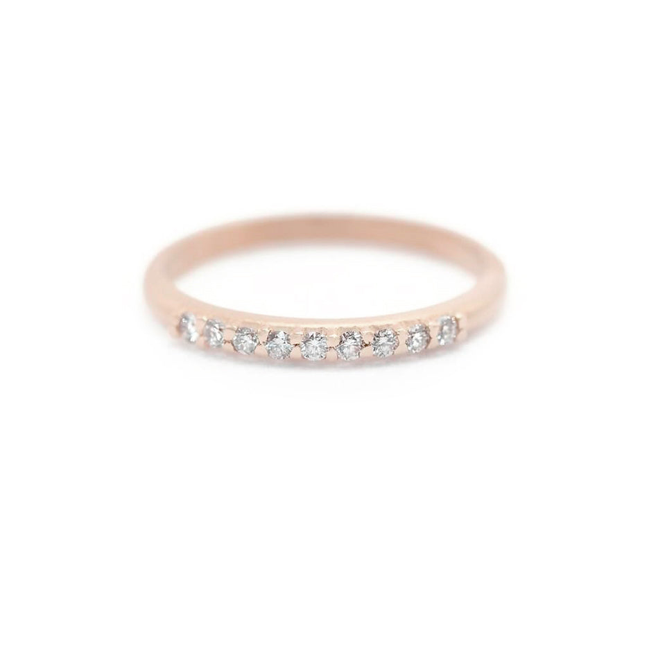 Handmade pave wedding or stacking band with diamonds and beading in 18K rose gold by Designer Megan Thorne