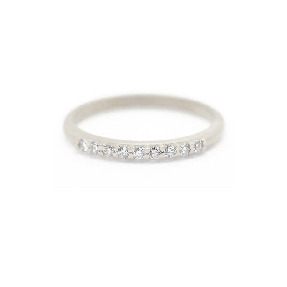 Handmade pave wedding or stacking band with diamonds and beading in 18K white gold by Designer Megan Thorne