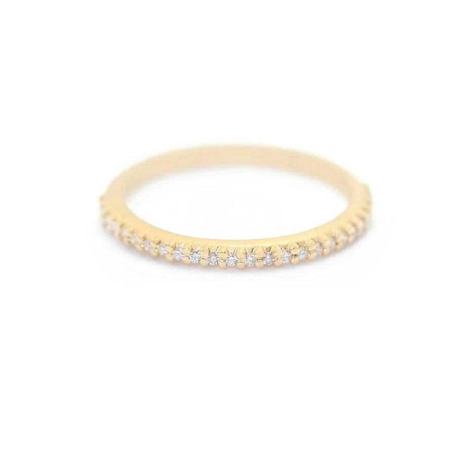 Handmade pave wedding or stacking band with diamonds and beading in 18K yellow gold thin version by Designer Megan Thorne
