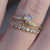 Handmade wedding or stacking band with single cut diamonds and Evergreen botanical details in 18K yellow gold by Designer Megan Thorne on hand with Evergreen Sinu engagement ring