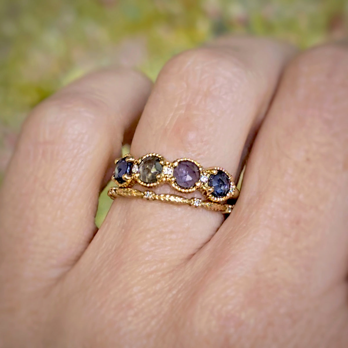 Rose Cut Colored Sapphire Band in Yellow Gold with Detailing Front View
